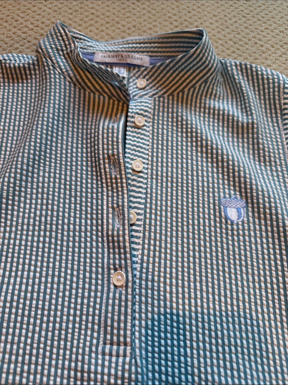 Fairway & Greene Teal and White Striped Band Collar Shirt Oak Hill Country Club